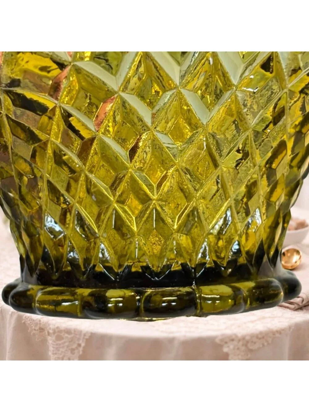 Vintage Indiana Glass Olive Green Diamond  Point Handled Basket 7 inches MCM - Picture 10 of 10